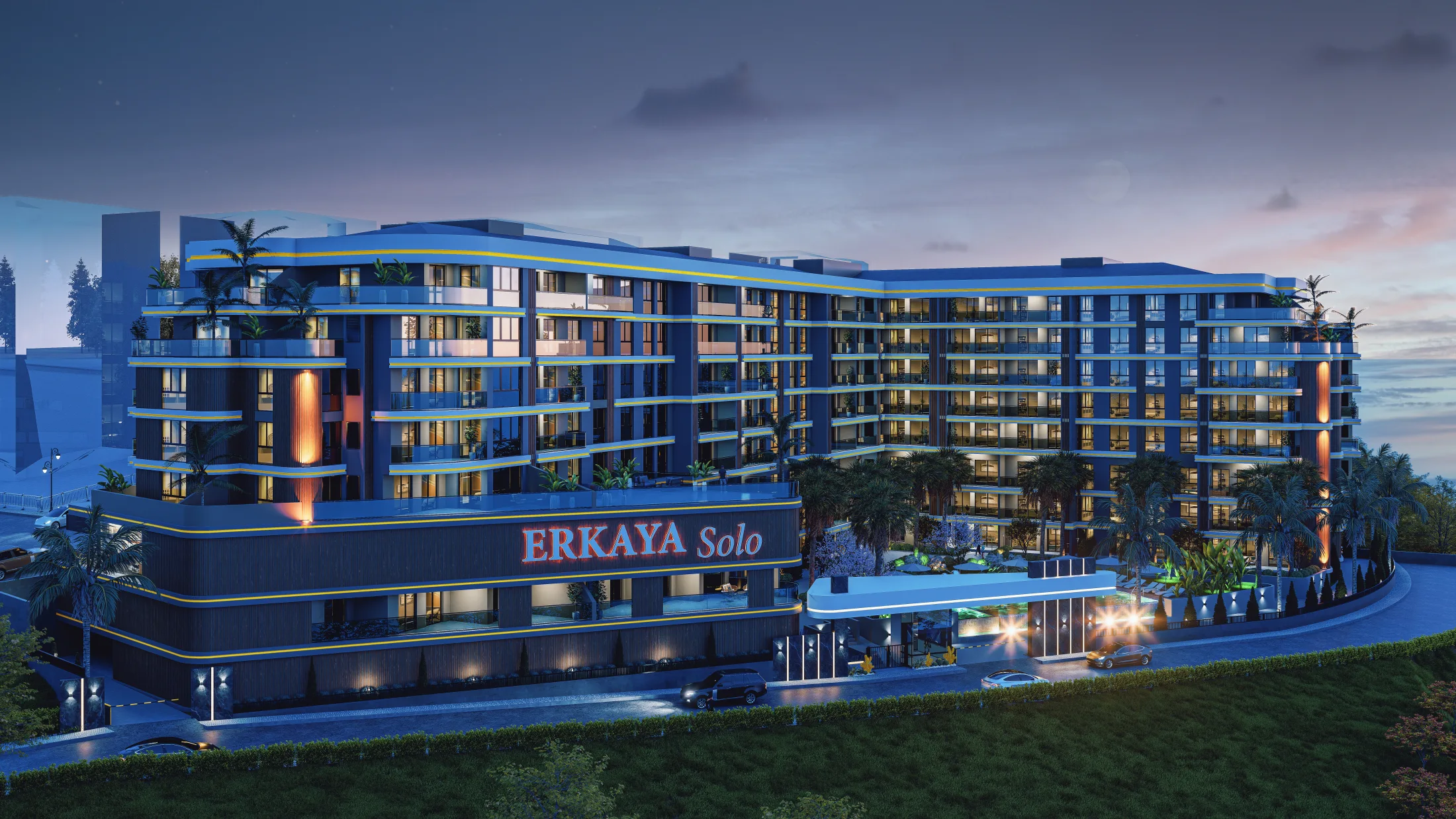 Erkaya Solo gece mimari görselleştirmesi